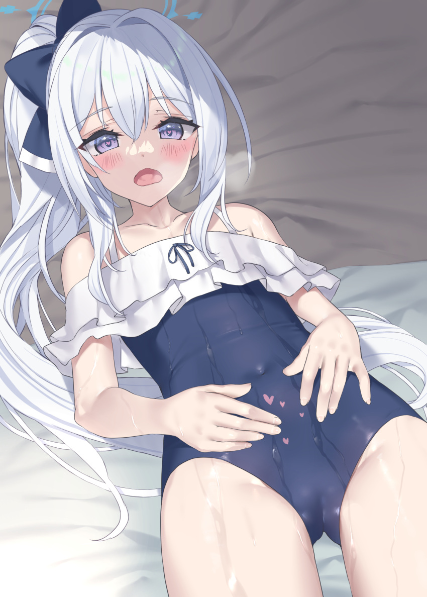 1girl bed bed_sheet blue_archive blue_one-piece_swimsuit blush frilled_one-piece_swimsuit frills hair_intakes halo hands_on_own_stomach heart heart-shaped_pupils highres long_hair lying miyako_(blue_archive) miyako_(swimsuit)_(blue_archive) official_alternate_costume on_back one-piece_swimsuit open_mouth ponytail purple_eyes swimsuit symbol-shaped_pupils tsurusaki_takahiro wet wet_clothes wet_swimsuit white_hair
