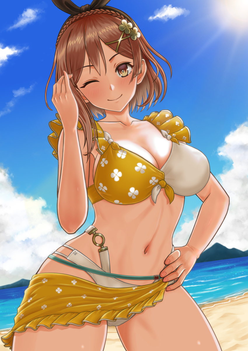 1girl atelier_(series) atelier_ryza bare_arms beach black_hairband black_ribbon blue_sky blush braid breasts brown_eyes brown_hair cleavage closed_mouth cloud cowboy_shot floral_print frills hair_ornament hairband hand_on_own_hip hand_up highres janqoo89 large_breasts navel one_eye_closed reisalin_stout ribbon short_hair sky smile solo sun swimsuit two-tone_swimsuit x_hair_ornament