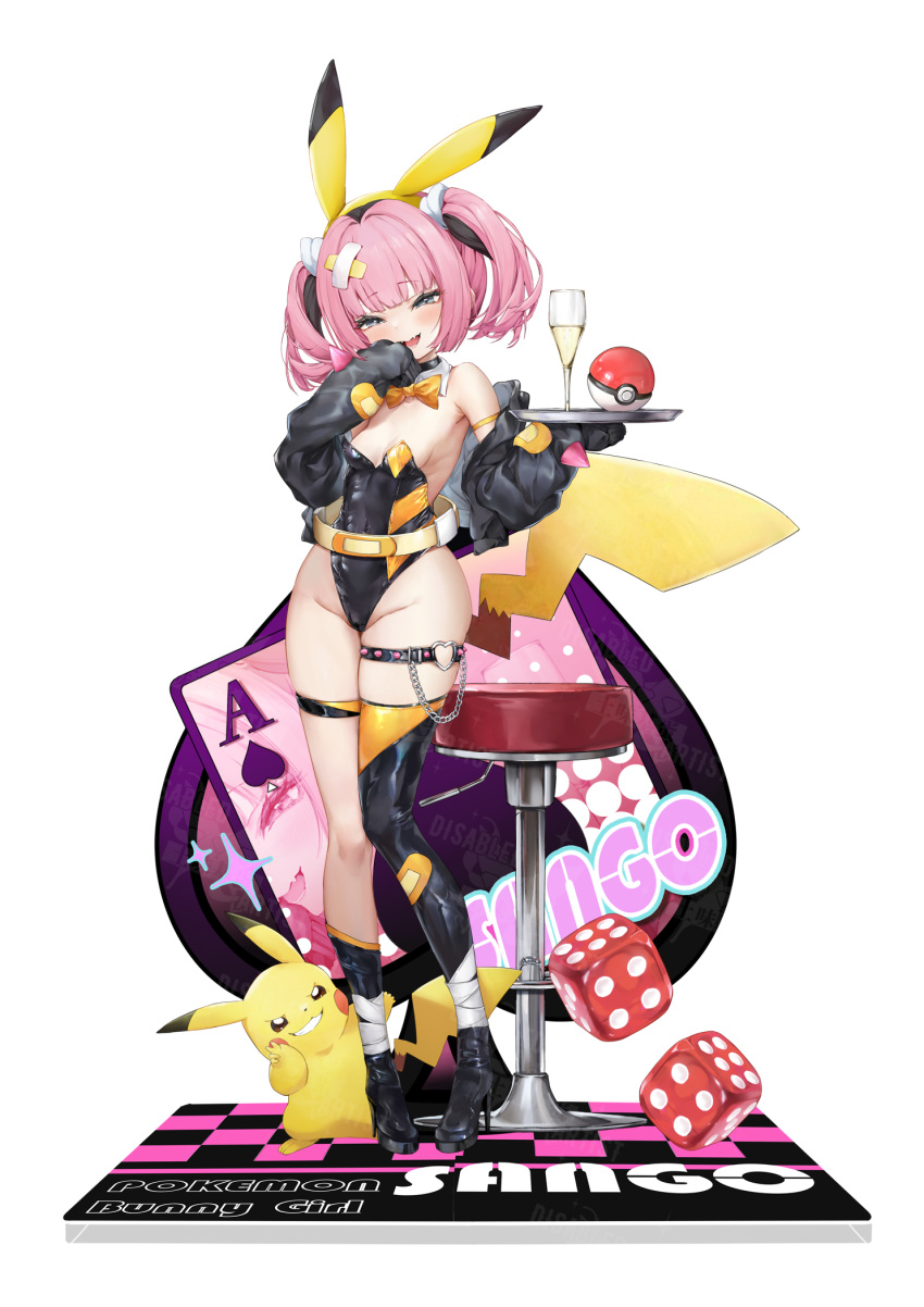 1girl ace_(playing_card) ace_of_spades alcohol animal_ears arm_strap asymmetrical_legwear bandages bandaid_hair_ornament bar_stool black_footwear black_hair black_jacket black_leotard black_thighhighs bow bowtie breasts card chain champagne champagne_flute character_name chinese_commentary cleavage copyright_name cosplay cup detached_collar dice drinking_glass english_text fake_animal_ears fake_tail fangs grey_eyes groin hand_to_own_mouth heart heart_o-ring high_belt high_heels highleg highleg_leotard highres holding holding_plate jacket ji_dan knees_together_feet_apart leotard looking_at_viewer medium_hair multicolored_hair off_shoulder open_mouth orange_bow orange_bowtie orange_leotard pigeon-toed pikachu pikachu_(cosplay) pink_hair plate playboy_bunny playing_card poke_ball poke_ball_(basic) pokemon pokemon_(anime) pokemon_(creature) pokemon_horizons print_bandaid sango_(pokemon) skin_fangs sleeves_past_fingers sleeves_past_wrists small_breasts solo spade_(shape) sparkle standing stool strapless strapless_leotard tail thigh_strap thighhighs traditional_bowtie twintails two-tone_hair uneven_legwear white_background