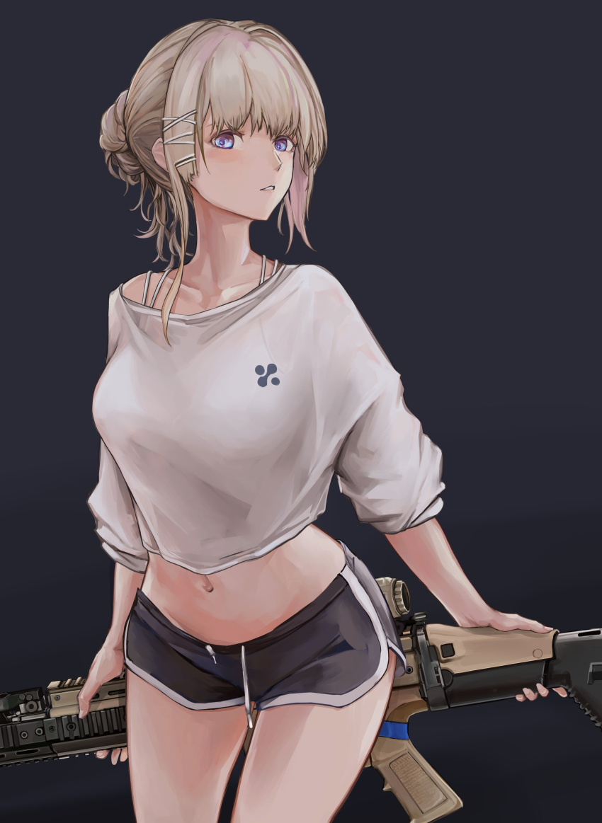1girl absurdres assault_rifle blonde_hair blue_eyes breasts crop_top dolphin_shorts fn_scar_16 girls'_frontline gun hair_bun highres holding holding_gun holding_weapon lithographica long_sleeves looking_at_viewer medium_breasts midriff navel off_shoulder rifle scar-l_(girls'_frontline) shirt shorts simple_background sleeves_rolled_up solo spaghetti_strap standing teeth thighs weapon white_shirt