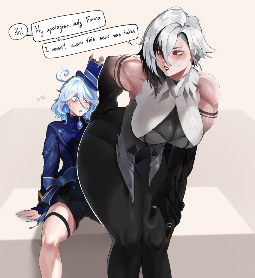 2girls absurdres arlecchino_(genshin_impact) ascot biceps black_ascot black_hair black_hands blue_ascot blue_brooch blue_gemstone blue_hair blue_headwear breasts furina_(genshin_impact) gem genshin_impact grey_hair hair_between_eyes hat heterochromia highres large_breasts light_blue_hair lipstick makeup mismatched_pupils multicolored_hair multiple_girls muscular muscular_female red_pupils shorts size_difference spread_legs streaked_hair symbol-shaped_pupils top_hat two-tone_hair white_hair white_shorts wktfrv47n x-shaped_pupils