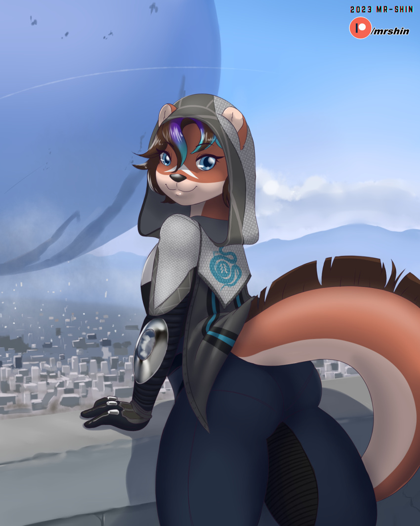 2023 4:5 anthro bottomwear butt city clothing digital_media_(artwork) female flat_chested hi_res looking_at_viewer looking_back looking_back_at_viewer mammal mountain mr-shin mustelid otter patreon patreon_logo patreon_username river_otter rooftop sky smile solo topwear wide_hips