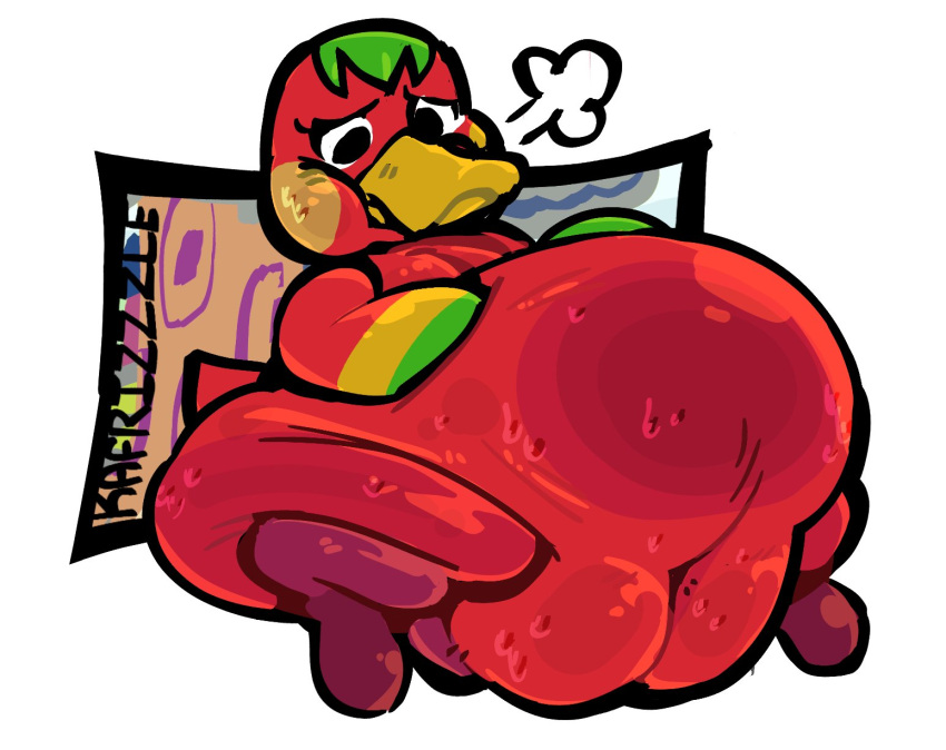 anatid animal_crossing anseriform anthro avian barely_visible_tail belly big_belly bird breasts cleavage clothed clothing duck female front_view green_hair hair hands_on_stomach hi_res huge_belly kafrizzzle ketchup_(animal_crossing) looking_at_self looking_down navel nintendo obese obese_anthro obese_female overweight overweight_anthro overweight_female overweightoverweight red_body sitting solo tail thick_thighs three-quarter_view winged_arms wings