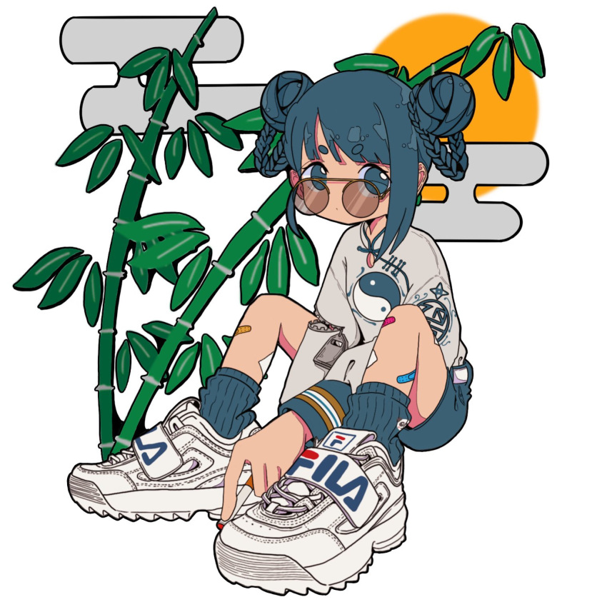 1girl arms_between_legs bamboo bandaid bandaid_on_leg braided_hair_rings chinese_clothes cigarette double_bun egasumi fila glasses grey_eyes grey_hair grey_shorts grey_socks hair_bun highres holding holding_cigarette knees_up long_sleeves looking_at_viewer looking_over_eyewear nao97122 original over-rim_eyewear print_shirt ribbed_socks round_eyewear semi-rimless_eyewear shirt shoes short_hair shorts simple_background single_sidelock sitting smoking sneakers socks solo tinted_eyewear white_background white_footwear white_shirt yin_yang yin_yang_print zipper zipper_pull_tab