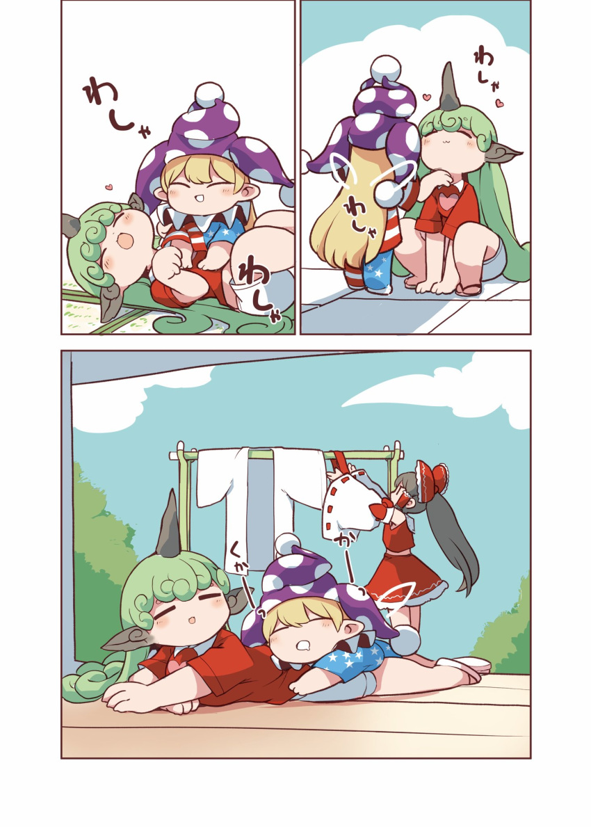 3girls american_flag_dress american_flag_legwear bare_shoulders black_hair blonde_hair blush bow closed_eyes clownpiece collared_shirt detached_sleeves dress fairy fairy_wings green_hair hair_bow hair_tubes hakurei_reimu hat highres horns japanese_clothes jester_cap kariyushi_shirt komano_aunn long_hair multiple_girls nontraditional_miko open_mouth pantyhose polka_dot polka_dot_headwear purple_headwear red_bow red_shirt red_skirt ribbon-trimmed_sleeves ribbon_trim sayakata_katsumi shirt shorts sidelocks single_horn skirt smile star_(symbol) star_print striped striped_dress striped_pantyhose touhou white_shorts white_sleeves wide_sleeves wings