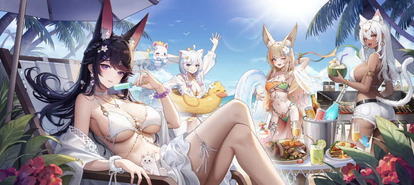 4girls absurdres animal animal_ears artist_request ass beach beach_umbrella bikini black_hair blonde_hair blue_eyes blue_sky blush braid breasts bug butterfly character_request choker cleavage cloud crown dark_skin drink earrings extra_ears fang flower food fruit grill hair_flower hair_ornament highres holding holding_drink holding_food ice_cream innertube jewelry long_hair multiple_girls navel necklace one_eye_closed open_clothes open_mouth open_shirt purple_eyes shirt short_shorts shorts sideboob sky smile swimsuit tail tree twintails umbrella water white_hair white_shirt white_shorts yellow_eyes