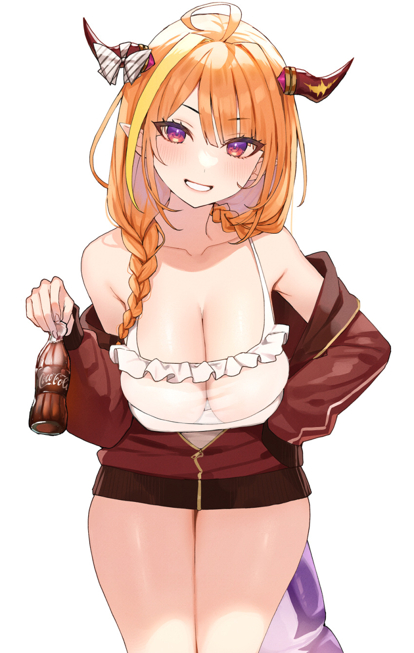 1girl ahoge blonde_hair blush bottle bow braid breasts camisole cleavage coca-cola dragon_horns dragon_tail highres holding holding_bottle hololive horn_bow horn_ornament horns jacket kiryu_coco kiryu_coco_(3rd_costume) large_breasts long_hair looking_at_viewer multicolored_hair off_shoulder omaru_(0marufestival) orange_hair red_jacket soda solo streaked_hair tail twin_braids virtual_youtuber white_background white_camisole