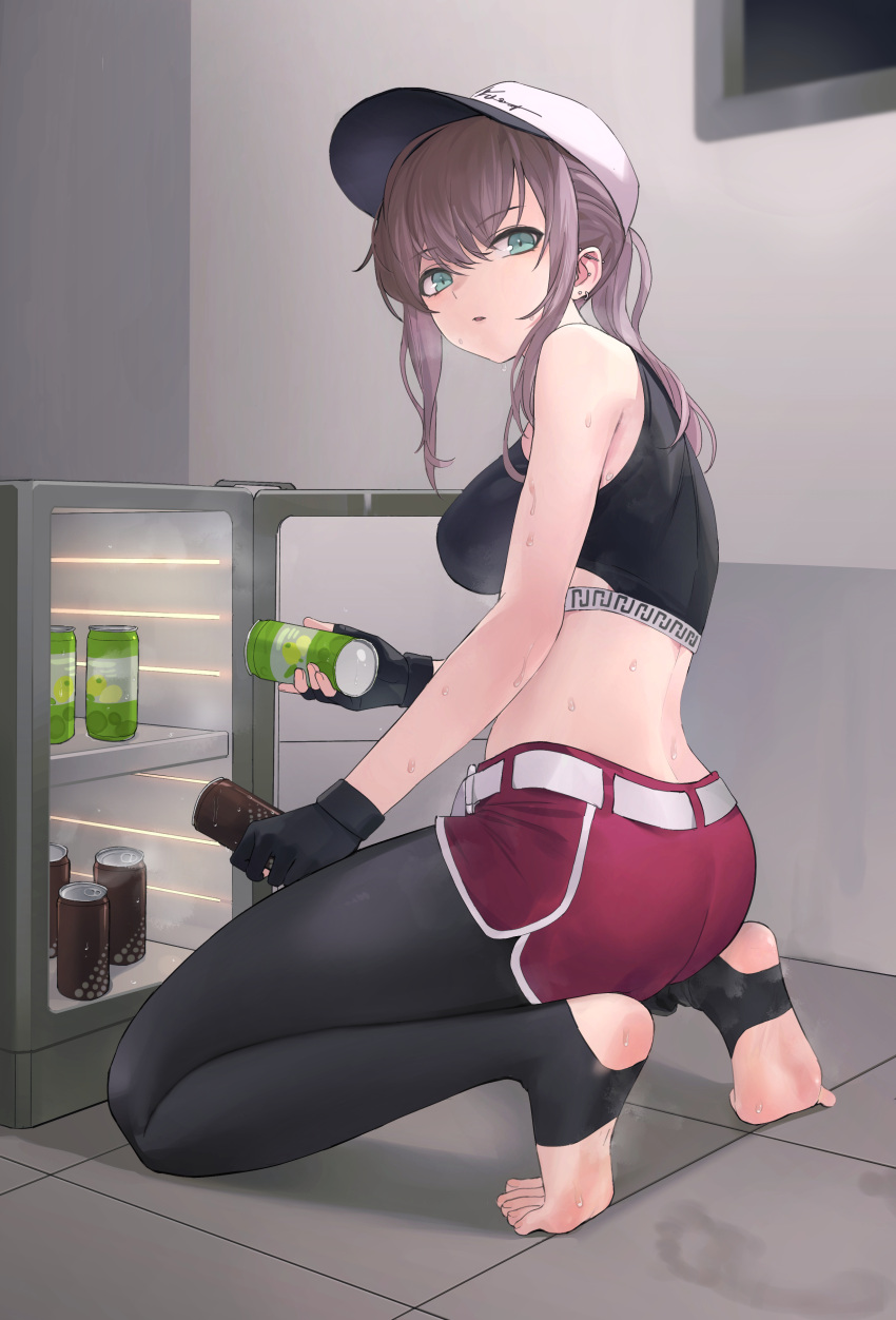 1girl absurdres ar-57_(girls'_frontline) bare_shoulders baseball_cap belt black_leggings breasts brown_hair can chuck_(harfmoondark) feet fingerless_gloves footprints girls'_frontline gloves green_eyes hat highres holding holding_can leggings looking_at_viewer medium_breasts no_shoes refrigerator refrigerator_interior shorts soles solo sports_bra squatting stirrup_legwear sweat toeless_legwear toes