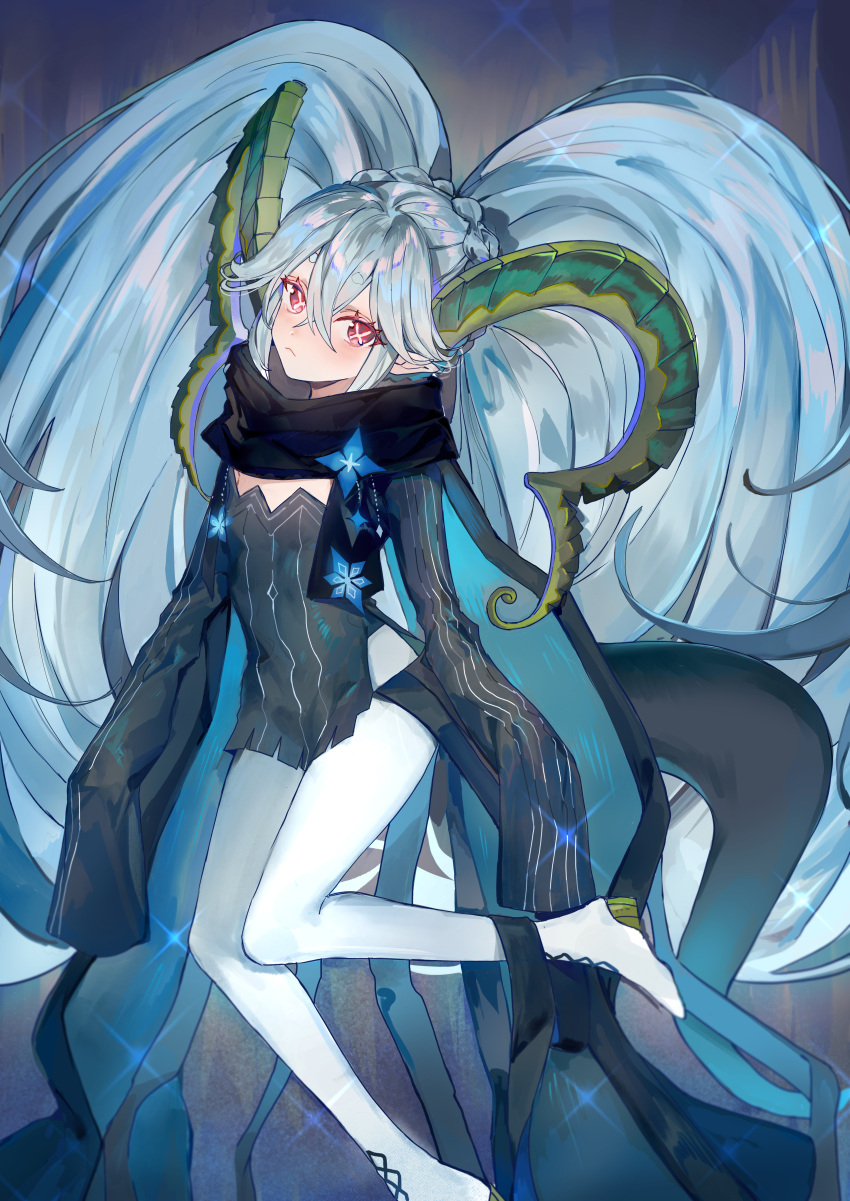 1girl absurdres aqua_hair black_dress black_scarf blush braid breasts crown_braid curled_horns dress fate/grand_order fate_(series) hair_between_eyes highres horns larva_tiamat_(fate) long_hair long_horns long_sleeves looking_at_viewer pantyhose pink_eyes pointy_ears scarf sidelocks sleeves_past_fingers sleeves_past_wrists small_breasts solo symbol-shaped_pupils tail tiamat_(fate) twintails very_long_hair white_pantyhose yurumawari