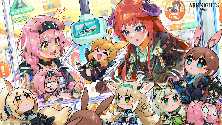 2girls :d :q amiya_(arknights) animal_ear_fluff animal_ears aqua_eyes arknights bagpipe_(arknights) black_hairband blonde_hair blue_hairband blunt_bangs blush bracelet braid brown_hair cat_ears cat_girl character_doll closed_eyes closed_mouth commentary copyright_name crane_game demon_girl demon_horns earpiece english_commentary fox_ears fox_girl frown goldenglow_(arknights) green_eyes green_hair hairband highres horns horse_ears horse_girl infection_monitor_(arknights) jewelry kal'tsit_(arknights) kitsune kroos_(arknights) kyuubi long_hair low_tied_sidelocks multiple_girls multiple_tails nearl_(arknights) official_art open_mouth pink_hair ponytail purple_eyes rabbit_ears rabbit_girl red_hair second-party_source short_hair side_braid sidelocks smile stuffed_toy suzuran_(arknights) tail tongue tongue_out twin_braids wavy_mouth yellow_eyes yooki_(winter_cakes)