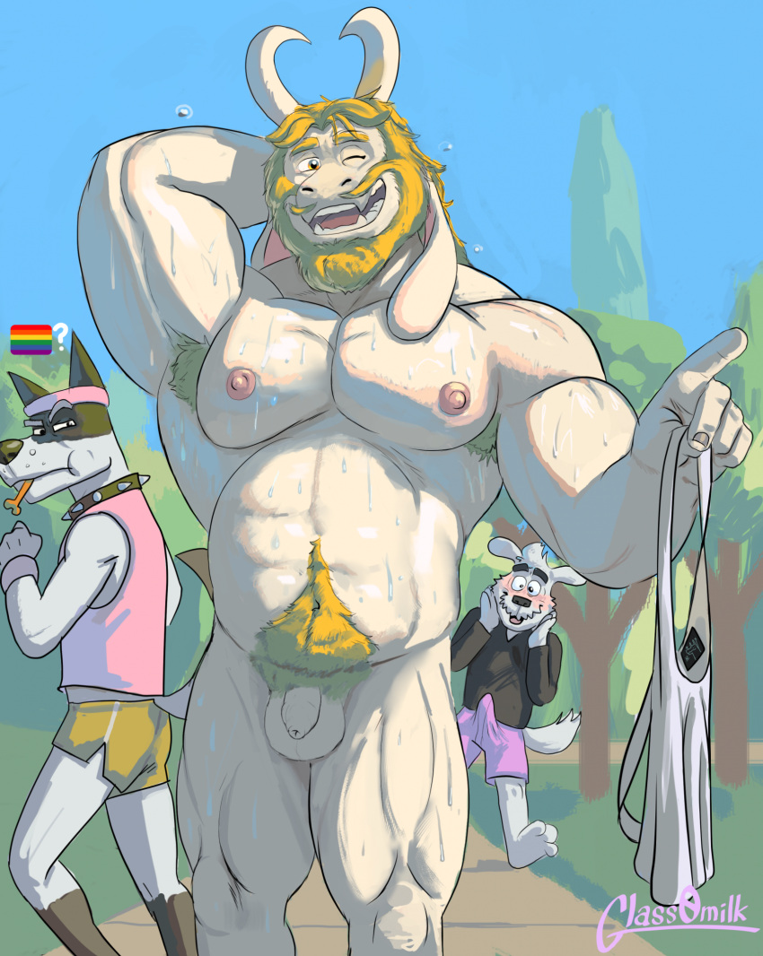 2_horns anthro asgore_dreemurr bodily_fluids bovid canid canine canis caprine clothed clothing dogamy doggo_(undertale) domestic_dog erection erection_under_clothing glass0milk goat group hi_res horn male male/male mammal muscular muscular_anthro muscular_male nipples pecs sweat trio undertale undertale_(series)