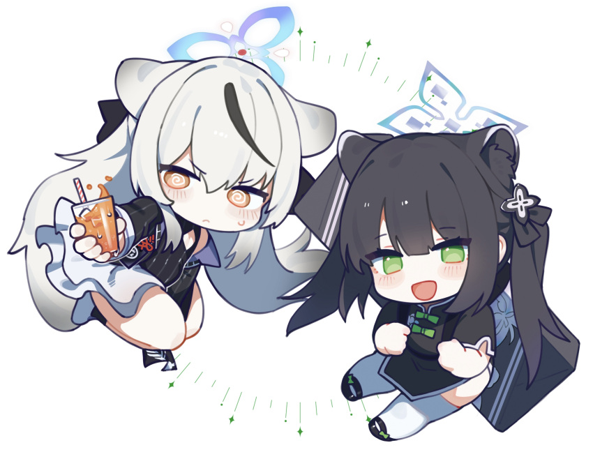 2girls @_@ absurdres animal_ears black_dress black_footwear black_hair blue_archive blush chibi china_dress chinese_clothes closed_mouth cup dress full_body green_eyes hair_between_eyes hair_ornament hair_ribbon halo highres holding holding_cup hufy kokona_(blue_archive) long_hair long_sleeves looking_at_viewer multicolored_hair multiple_girls open_mouth orange_eyes pelvic_curtain ribbon short_sleeves shun_(blue_archive) shun_(small)_(blue_archive) simple_background sparkle streaked_hair sweat thighhighs twintails very_long_hair white_background white_hair white_thighhighs