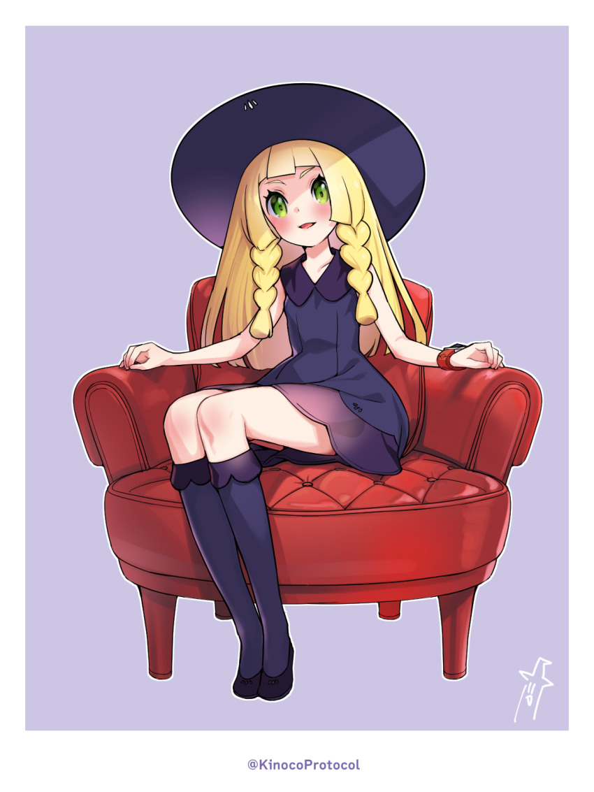 1girl alternate_color armchair black_footwear blonde_hair blunt_bangs blush border bracelet braid chair commentary_request dress eyelashes full_body green_eyes hat highres jewelry kinocopro kneehighs knees lillie_(pokemon) long_hair open_mouth pokemon pokemon_(game) pokemon_sm shoes short_dress sitting smile socks solo sun_hat twin_braids twitter_username watermark white_border z-ring