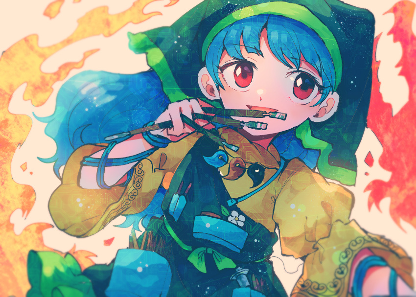 1girl apron blue_hair chisel dress flower green_apron green_headwear haniyasushin_keiki head_scarf holding itomugi-kun jewelry long_hair magatama magatama_necklace necklace open_mouth red_eyes short_sleeves single_strap smile solo touhou upper_body white_flower wood_carving_tool yellow_dress