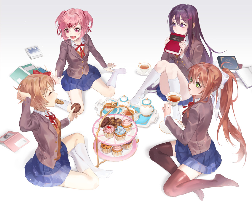 4girls absurdres ahoge arm_at_side arm_up black_thighhighs blazer blue_skirt book bow breasts brown_hair brown_jacket brown_vest buttons cherry closed_eyes collared_shirt commentary convenient_leg cookie covered_mouth cup cupcake doki_doki_literature_club eating english_commentary english_text facing_viewer fang food from_side fruit full_body green_eyes hair_between_eyes hair_bow hair_intakes hair_ornament hair_over_shoulder hair_ribbon hairclip hand_up hands_up highres holding holding_book holding_cookie holding_cup holding_food holding_saucer indian_style jacket jyuma kneehighs knees_together_feet_apart knees_up lapels light_brown_hair light_particles long_hair long_sleeves looking_at_another medium_breasts monika_(doki_doki_literature_club) muffin multiple_girls natsuki_(doki_doki_literature_club) neck_ribbon no_shoes notched_lapels open_book open_clothes open_hands open_jacket open_mouth outstretched_arm parted_lips pink_eyes pink_hair pleated_skirt pocket ponytail purple_eyes purple_hair red_bow red_ribbon ribbon saucer sayori_(doki_doki_literature_club) school_uniform shadow shirt short_hair simple_background sitting skirt sleeves_past_wrists small_breasts socks straight_hair tea tea_party teacup teapot thighhighs tray two_side_up v-shaped_eyebrows very_long_hair vest wariza white_background white_bow white_shirt white_socks wing_collar x_hair_ornament yokozuwari yuri_(doki_doki_literature_club) zettai_ryouiki