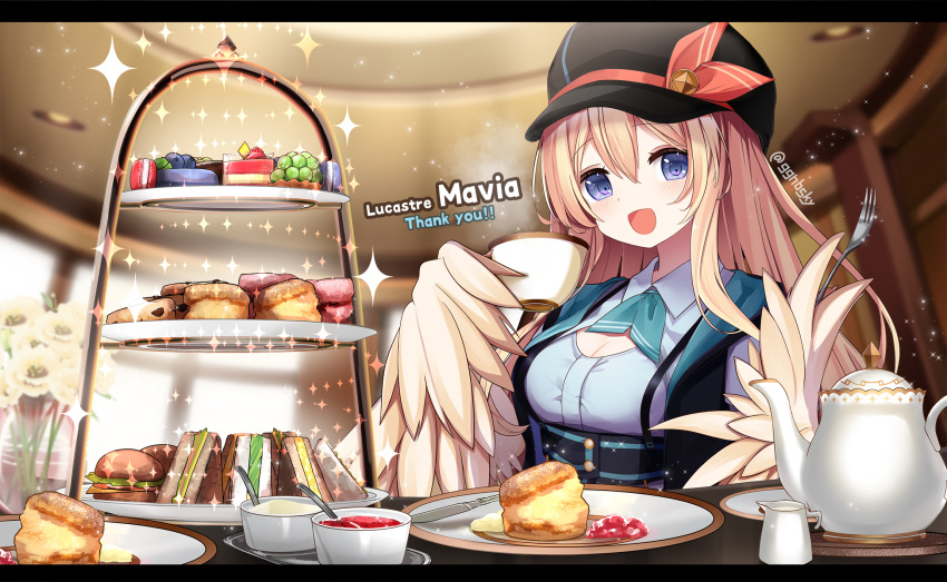 1girl black_headwear blonde_hair blue_eyes blurry blurry_background breasts burger character_name cleavage cleavage_cutout clothing_cutout collared_shirt commission cup flower food fork ggnbsky green_neckerchief harpy hat hat_ribbon highres holding holding_cup holding_fork indie_virtual_youtuber knife long_hair macaron mavia_(vtuber) monster_girl neckerchief open_mouth pink_ribbon plate ribbon sandwich saucer shirt skeb_commission solo sparkle teacup teapot twitter_username virtual_youtuber yellow_wings