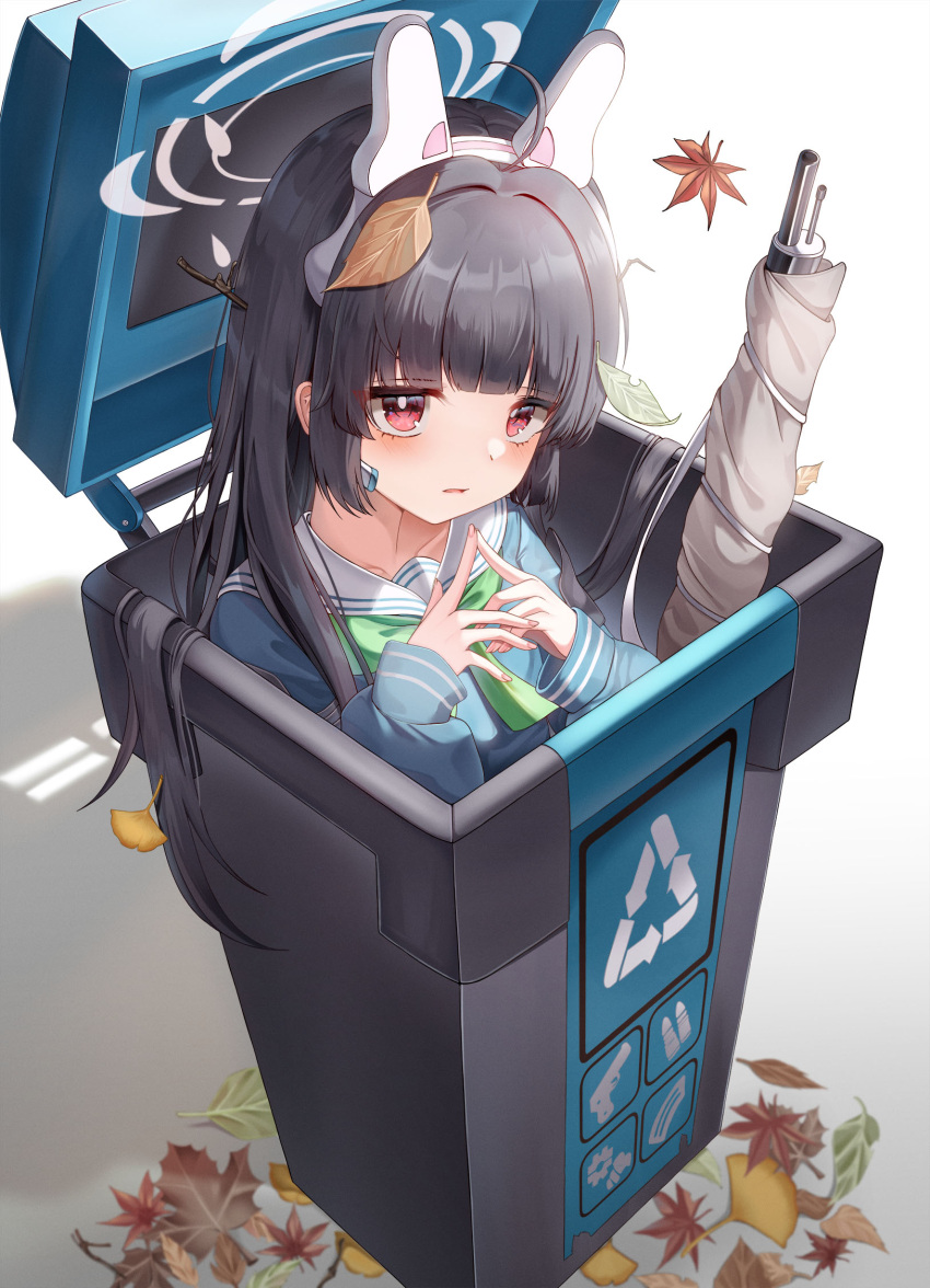 1girl animal_ears arrow_(symbol) bags_under_eyes black_hair blue_archive blue_serafuku blue_shirt chanpower233 commentary fake_animal_ears green_neckerchief grey_halo gun halo highres in_trash_can index_fingers_together leaf leaf_on_head long_hair long_sleeves miyu_(blue_archive) neckerchief parted_lips puffy_long_sleeves puffy_sleeves rabbit_ears recycling_symbol red_eyes sailor_collar sailor_shirt school_uniform serafuku shirt solo trash_can weapon white_sailor_collar