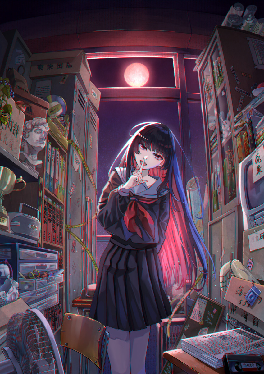 1girl black_hair black_serafuku black_shirt black_skirt book box bust_(sculpture) cardboard_box cassette_tape caution_tape chair chalkboard colored_inner_hair desk electric_fan feet_out_of_frame finger_to_mouth full_moon hand_up highres index_finger_raised indoors leaning_to_the_side long_hair long_sleeves looking_at_viewer map moon multicolored_hair neckerchief newspaper night open_mouth original pleated_skirt radio red_eyes red_hair red_neckerchief sailor_collar sakatsuki_yakumo school_chair school_desk school_uniform scissors serafuku shelf shirt shoes shushing skirt smile solo stuffed_animal stuffed_rabbit stuffed_toy trophy two-tone_hair unworn_shoes very_long_hair volleyball white_footwear white_sailor_collar window