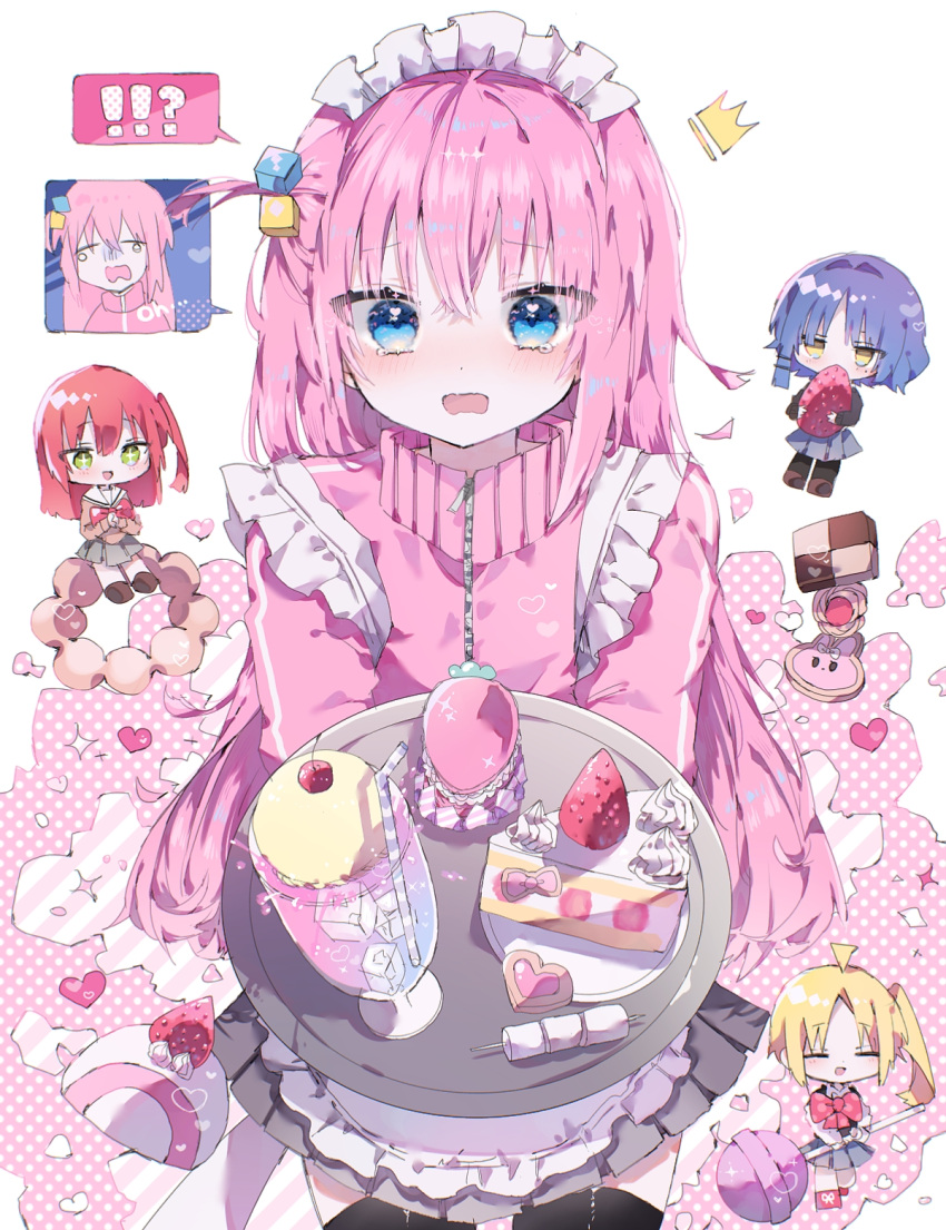 !? 4girls ^^^ alternate_costume apron black_thighhighs blonde_hair blue_eyes blue_hair blush bocchi_the_rock! cake candy checkerboard_cookie cherry chupa_chups closed_eyes cookie cream_soda cube_hair_ornament doughnut drink drinking_straw enmaided food frilled_apron frills fruit gotoh_hitori green_eyes grey_skirt hair_between_eyes hair_ornament highres hiro_0607 holding holding_tray ijichi_nijika jacket kita_ikuyo lollipop long_hair long_sleeves maid maid_apron maid_headdress mole mole_under_eye multiple_girls one_side_up open_mouth pink_hair pink_jacket pleated_skirt red_hair short_hair skirt smile thighhighs track_jacket tray white_apron yamada_ryo yellow_eyes