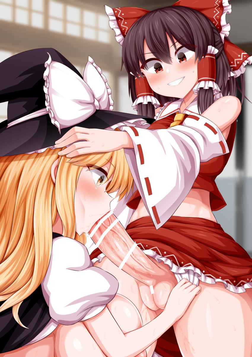 2girls ascot bar_censor bare_shoulders black_headwear blonde_hair blush bow breasts brown_hair censored clenched_teeth clothing_aside commentary_request covered_nipples detached_sleeves fellatio frilled_bow frilled_hair_tubes frilled_hat frilled_shirt_collar frilled_skirt frills futanari hair_bow hair_tubes hakurei_reimu hands_on_another's_head hat hat_bow highres indoors kirisame_marisa large_breasts large_penis long_hair looking_at_another looking_at_penis medium_breasts midriff monaka_(gatinemiku) multiple_girls navel nipples open_mouth oral panties panties_aside penis pussy red_eyes red_shirt red_skirt shirt short_hair skirt sweat teeth touhou underwear v-shaped_eyebrows veins veiny_penis white_bow white_panties white_sleeves witch_hat yellow_ascot yellow_eyes
