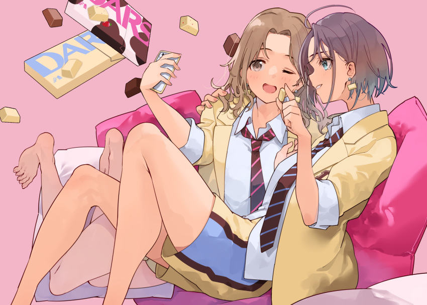 2girls absurdres ahoge asakura_toru bare_legs barefoot blazer brown_hair candy chocolate chocolate_bar commentary_request dars earrings food gradient_hair highres ichikawa_hinana idolmaster idolmaster_shiny_colors jacket jewelry long_hair loose_necktie multicolored_hair multiple_girls necktie one_eye_closed pillow pink_background puni_(punycolors) selfie shirt short_hair shorts white_shirt