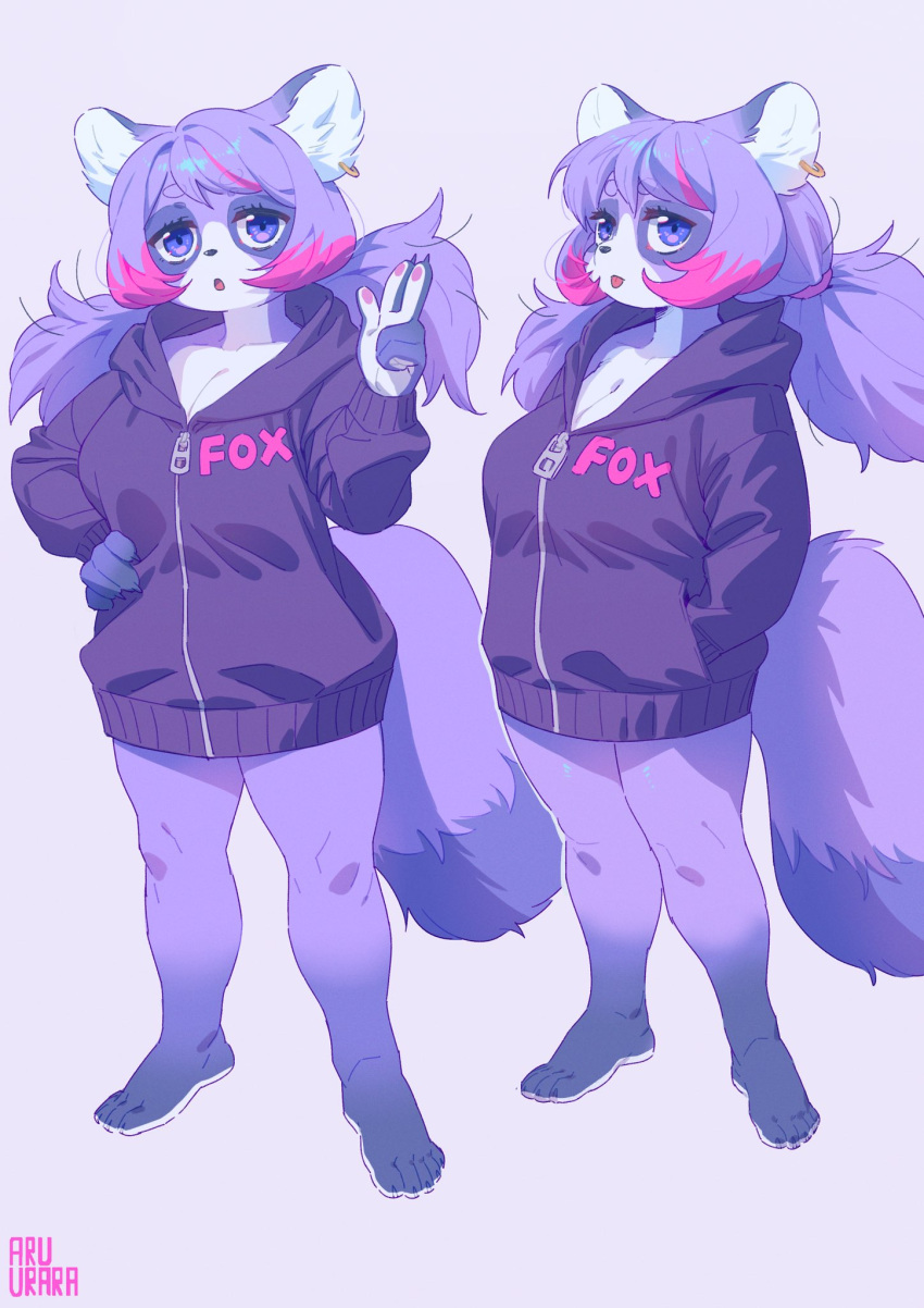 anthro aruurara barefoot breasts canid canine cleavage clothed clothing ear_piercing ear_ring eyebrow_through_hair eyebrows feet female full-length_portrait fur hair hi_res highlights_(coloring) hoodie kemono looking_at_viewer mammal multicolored_body multicolored_fur pantsless pawpads piercing pink_highlights portrait purple_body purple_eyes purple_fur raccoon_dog ring_piercing satori_(aruurara) solo tanuki tongue tongue_out topwear translucent translucent_hair twintails_(hairstyle) white_body white_fur