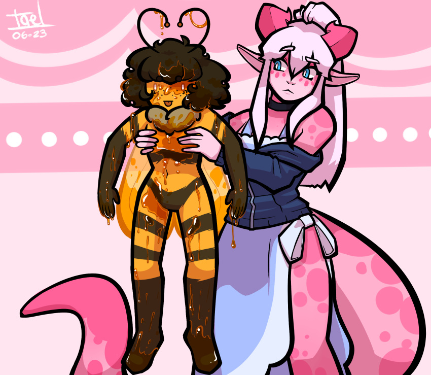 antennae_(anatomy) anthro arthropod bee big_tail choker clothing dragon dress duo food freckles gynomorph hair hi_res holding_up honey_(food) hoodie horn hymenopteran insect intersex jewelry lychee_gumi messy necklace pheobe_(lilithbee) size_difference tael tail topwear wings