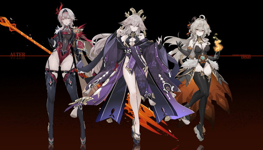 3girls absurdres alternate_costume animal_ears bare_shoulders bell black_background black_gloves black_hairband black_thighhighs breasts bridal_gauntlets dishwasher1910 elbow_gloves eula_(genshin_impact) fire flame fox_ears fox_shadow_puppet ganyu_(genshin_impact) genshin_impact gloves grey_hair hair_ornament hairband hands_up highleg highleg_leotard highres large_breasts leotard long_hair long_sleeves looking_at_viewer multiple_girls parted_lips smile thighhighs thighs weapon wide_sleeves yae_miko