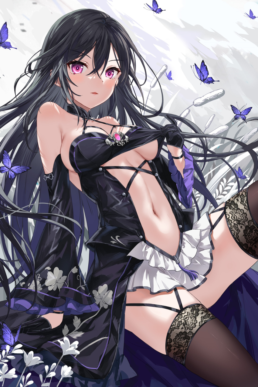 1girl absurdres bai_winchester bare_shoulders black_dress black_gloves black_hair black_sleeves black_thighhighs black_wristband breasts bug butterfly character_request check_character chinese_commentary cleavage closers clothing_cutout commentary_request detached_sleeves devil_heavens dress field flower garter_straps gloves hair_between_eyes halter_dress halterneck highres large_breasts light_blush long_hair looking_at_viewer navel navel_cutout parted_lips purple_eyes sitting solo thighhighs white_background