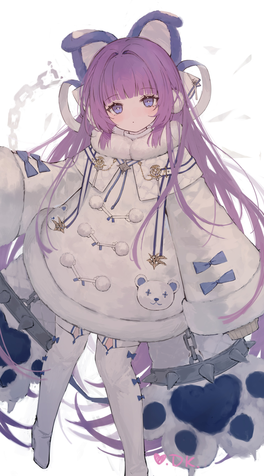 1girl absurdly_long_hair absurdres animal_ears animal_hands artist_name azur_lane blunt_bangs boots broken broken_chain chain closed_mouth coat coat_dress commentary_request daichengqi dot_mouth fake_animal_ears full_body fur-trimmed_coat fur-trimmed_sleeves fur_trim gloves heart highres long_hair long_sleeves looking_at_viewer paw_gloves purple_eyes purple_hair sleeves_past_fingers sleeves_past_wrists solo tashkent_(azur_lane) thigh_boots very_long_hair white_background white_coat wide_sleeves winter_clothes
