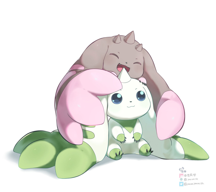 :3 anthro bandai_namco beady_eyes brown_body brown_fur digimon digimon_(species) duo embrace fur hi_res horn hug lopmon prehensile_ears simple_background sitting smile terriermon white_background white_body white_fur youzaiyouzai112