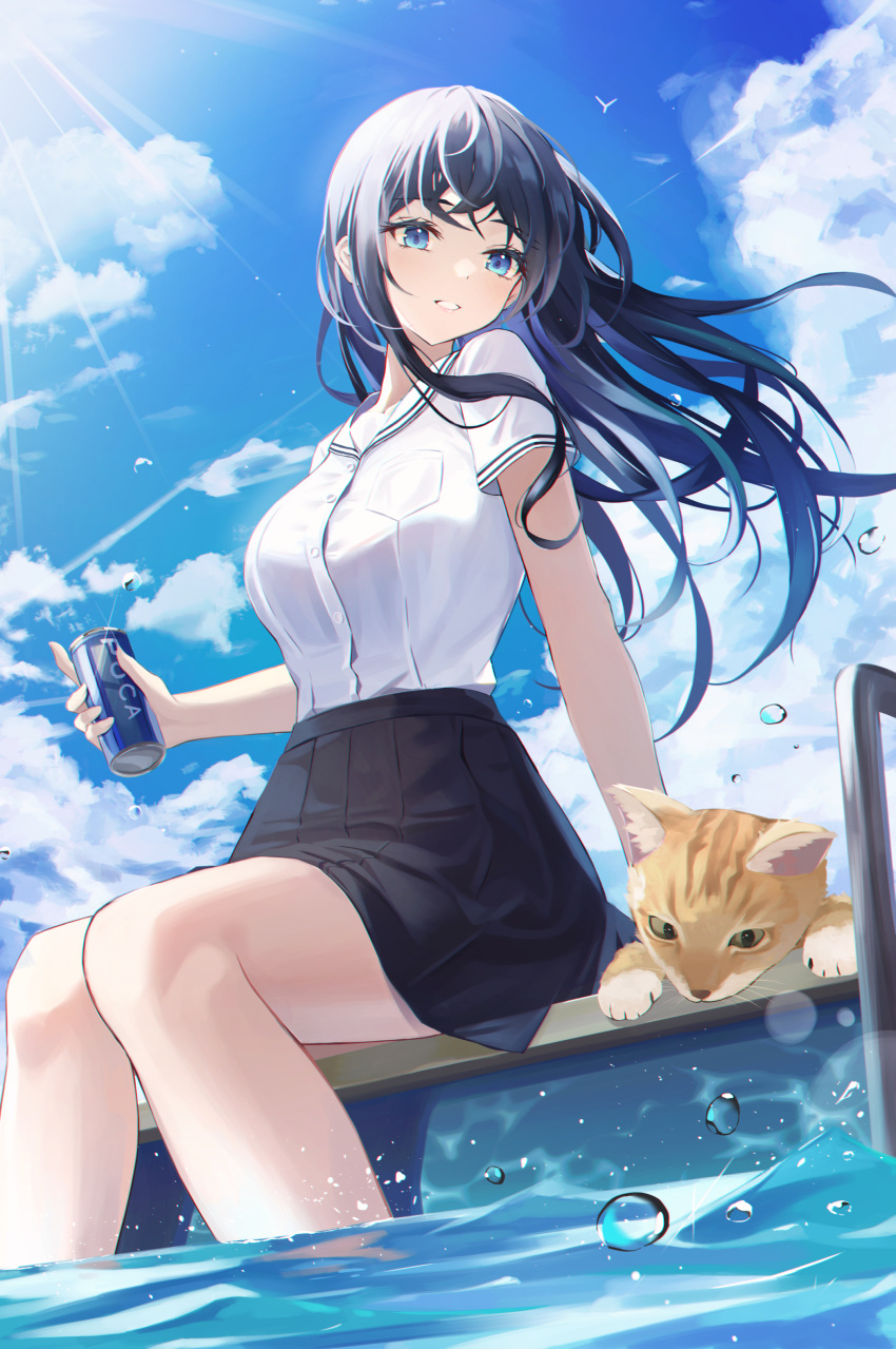 1girl absurdres arm_support black_hair black_skirt blue_eyes blue_sky can cat cloud commentary_request crossed_bangs day floating_hair grin highres holding holding_can hyonee knees_together_feet_apart legs long_hair original outdoors sailor_collar school_uniform serafuku shirt shirt_tucked_in short_sleeves sitting skirt sky smile soaking_feet soda_can thighs water_drop white_sailor_collar white_serafuku white_shirt