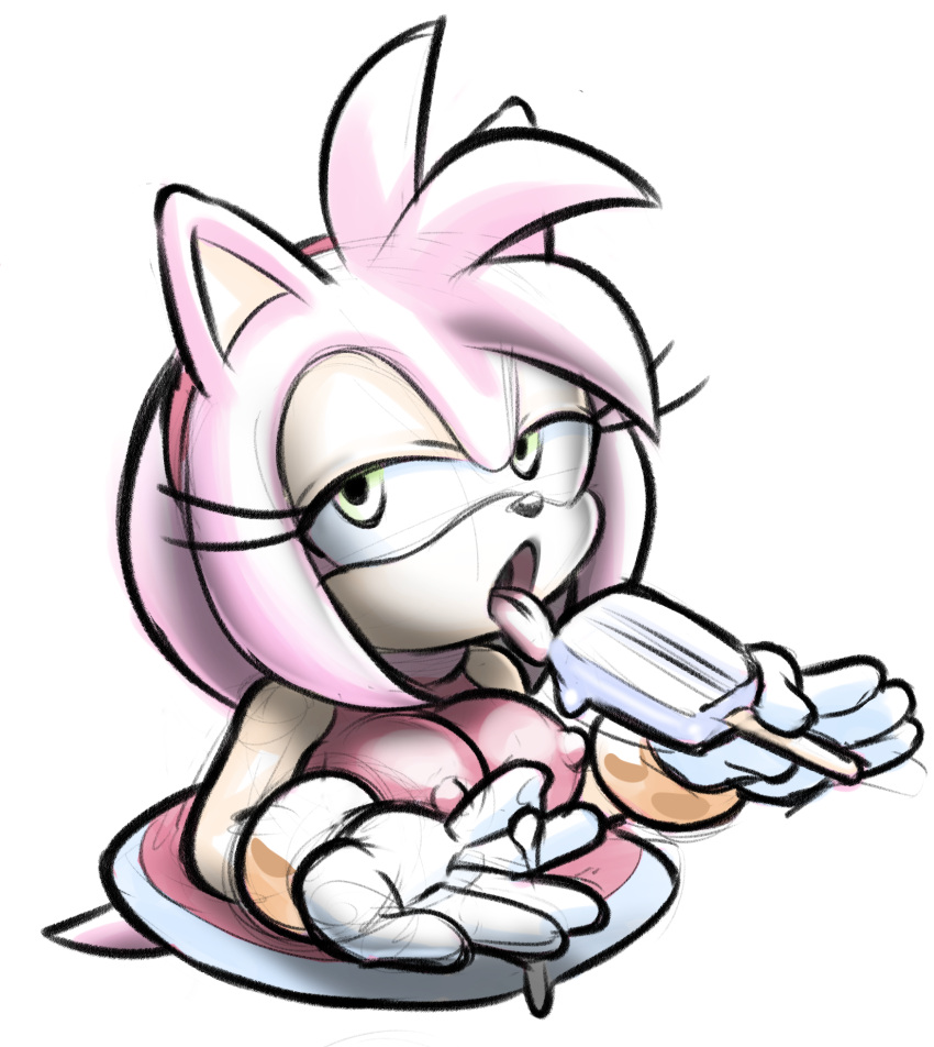 2023 amy_rose anthro bedroom_eyes breasts clothed clothing dress eating eating_food eulipotyphlan female food green_eyes hair hedgehog hi_res is_(artist) mammal narrowed_eyes nipple_outline open_mouth pink_body pink_hair popsicle popsicle_melting seductive sega solo sonic_the_hedgehog_(series) suggestive_eating tongue tongue_out