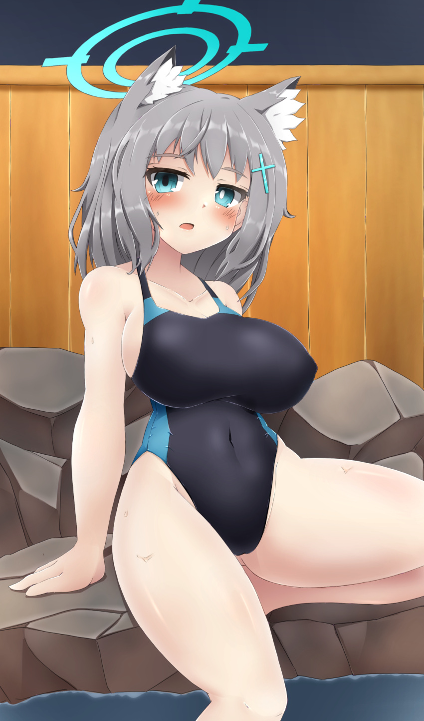 1girl animal_ear_fluff animal_ears black_one-piece_swimsuit blue_archive blue_eyes breasts competition_swimsuit covered_navel cross_hair_ornament extra_ears feet_out_of_frame grey_hair hair_ornament halo highleg highleg_swimsuit highres looking_at_viewer medium_breasts medium_hair mismatched_pupils multicolored_clothes multicolored_swimsuit one-piece_swimsuit onsen rock seisei shiroko_(blue_archive) shiroko_(swimsuit)_(blue_archive) sitting solo swimsuit wolf_ears