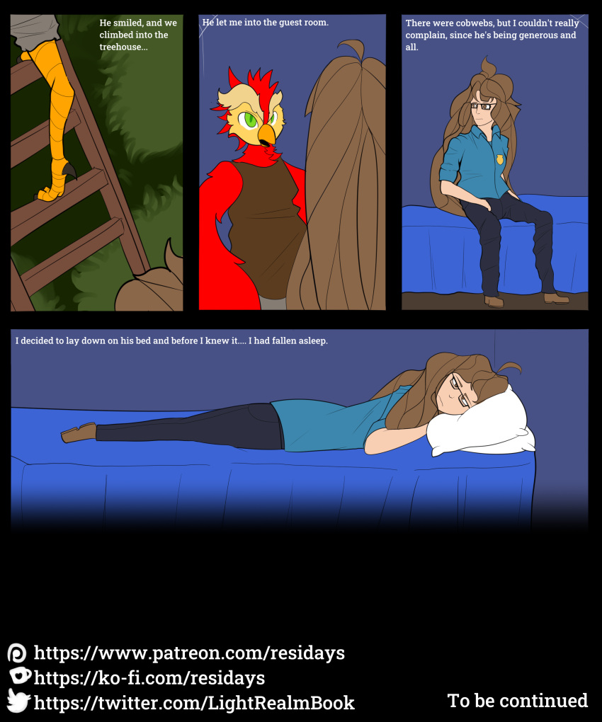 5:6 absurd_res ahoge anthro bed brown_hair chazster duo english_text feathers female furniture hair hi_res human ladder lisa_accardo_(light_realm) long_hair male mammal pillow quill_agatha_(light_realm) red_body red_feathers solo spider_web text url