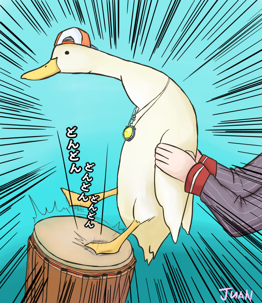 1girl animal animal_focus animalization aqua_background artist_name backwards_hat baseball_cap bird canned_juan drum duck emphasis_lines hat highres holding holding_animal hololive indie_virtual_youtuber instrument music oozora_subaru playing_instrument shigure_ui_(vtuber) simple_background subaru_duck virtual_youtuber