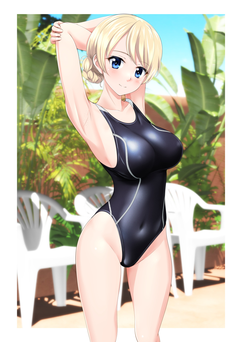 1girl absurdres arms_behind_head banana_tree black_one-piece_swimsuit blonde_hair blue_eyes braid breasts chair commentary_request competition_swimsuit covered_navel cowboy_shot darjeeling_(girls_und_panzer) girls_und_panzer highres medium_breasts one-piece_swimsuit photo_background short_hair solo swimsuit takafumi twin_braids