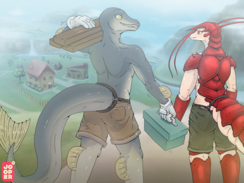 anthro arthropod belt bottomwear clothed clothing crustacean decapoda detailed_background duo fish furgonomics gloves handwear hi_res jooper lobster looking_at_another looking_at_partner malacostracan male marine salmon salmonid_(fish) shorts smile standing toolbox topless yellow_eyes