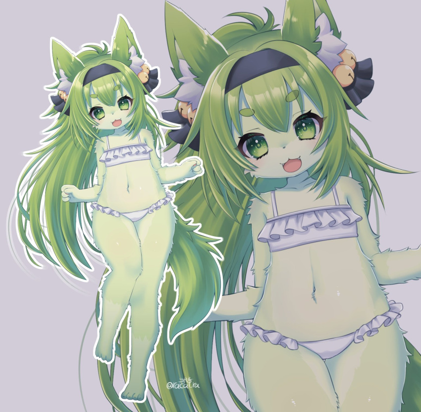 4_fingers 4_toes accessory alternate_species anthro azur_lane bell bikini canid canine circle_eyebrows claws clothed clothing eyebrows feet female finger_claws fingers fluffy frilly frilly_clothing fur furrification green_body green_eyes green_fur green_hair hair hair_accessory hairband happy hi_res isokaze_(azur_lane) kemono looking_at_viewer mammal navel racal_ra skimpy solo swimwear toe_claws toes young