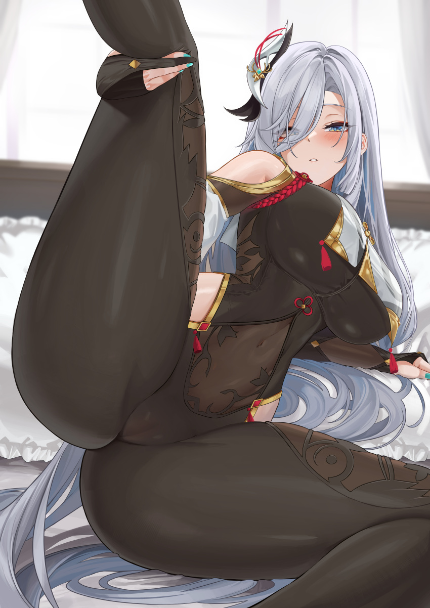 1girl absurdres aqua_nails bannou_ippoutsukou black_bodysuit blue_eyes blush bodysuit breasts clothing_cutout covered_navel eyes_visible_through_hair genshin_impact grey_hair hair_ornament hair_over_one_eye highres hip_vent large_breasts leg_up long_hair looking_at_viewer lying nail_polish on_side parted_lips shenhe_(genshin_impact) shoulder_cutout solo thighs