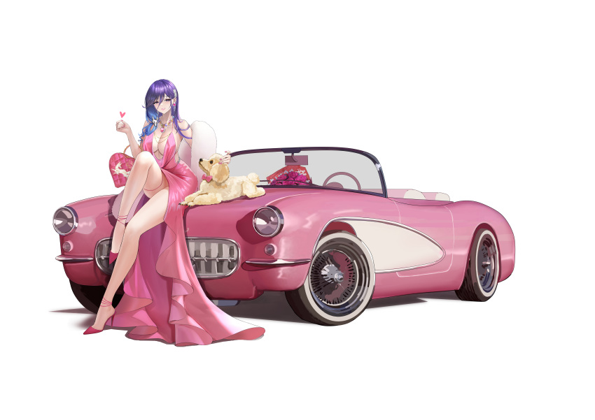 1girl absurdres anklet bag bare_arms bare_shoulders blue_hair bow breasts car character_request cleavage clothes_lift dog dress dress_lift earrings feather_boa feet flower full_body gem gradient_hair hair_between_eyes hair_ornament hairclip handbag heart high_heels highres holding holding_bag houchi_shoujo jewelry large_breasts legs long_hair maki_(user_fyjx4337) motor_vehicle multicolored_hair nail_polish necklace no_bra pink_bow pink_car pink_dress pink_nails plunging_neckline poodle purple_eyes purple_hair rose sideboob sitting smile solo strappy_heels thigh_strap toe_cleavage