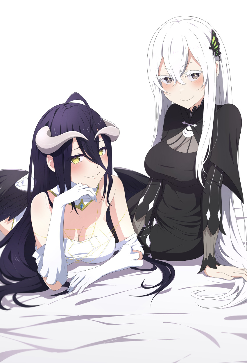 2girls absurdres albedo_(overlord) black_dress black_eyes black_feathers black_hair black_wings breasts butterfly_hair_ornament camui1104 cleavage closed_mouth commission crossover demon_girl demon_horns dress echidna_(re:zero) elbow_gloves feathered_wings feathers gloves hair_ornament highres horns long_hair looking_at_viewer low_wings multiple_girls overlord_(maruyama) pixiv_commission re:zero_kara_hajimeru_isekai_seikatsu slit_pupils smile thick_eyelashes white_gloves white_hair white_horns wings yellow_eyes