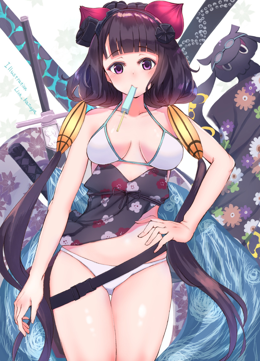 1girl bikini blue_eyes breasts fate/grand_order fate_(series) floral_print food_in_mouth goggles goggles_on_head highres katana katsushika_hokusai_(fate) katsushika_hokusai_(swimsuit_saber)_(fate) leg_belt liom_kazuya long_hair looking_at_viewer medium_breasts multiple_swords octopus popsicle_in_mouth purple_eyes purple_hair swimsuit sword thigh_strap tokitarou_(fate) very_long_hair weapon white_bikini