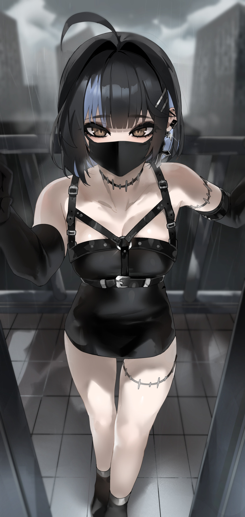 1girl absurdres ahoge black_dress black_gloves black_hair black_mask blue_hair breasts brown_eyes cleavage commentary cross cross_earrings dress ear_piercing earrings elbow_gloves english_commentary gloves highres irene_(kanniiepan) jewelry kanniiepan looking_at_viewer mask medium_breasts mouth_mask multicolored_hair original piercing short_hair solo standing two-tone_hair