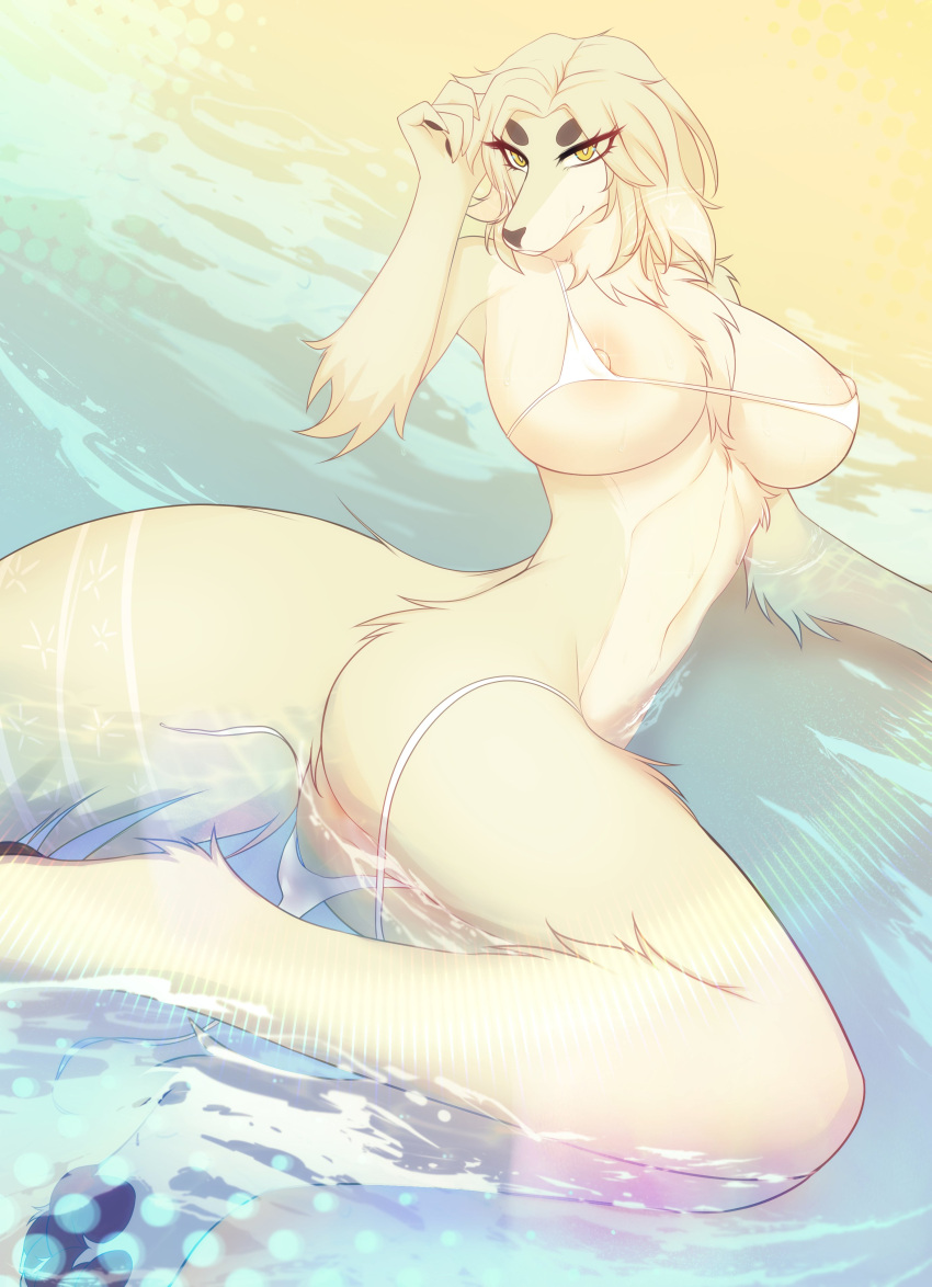absurd_res anthro anus barely_visible_anus beach big_breasts blonde_hair borzoi breasts butt canid canine canis clothed clothing domestic_dog female fluffy fluffy_tail fur hair hi_res hunting_dog looking_at_viewer lying mammal nastycalamari nipple_slip nonoka_(nonoka917) on_side partially_clothed sea seaside sighthound skimpy solo tail tan_body tan_fur water