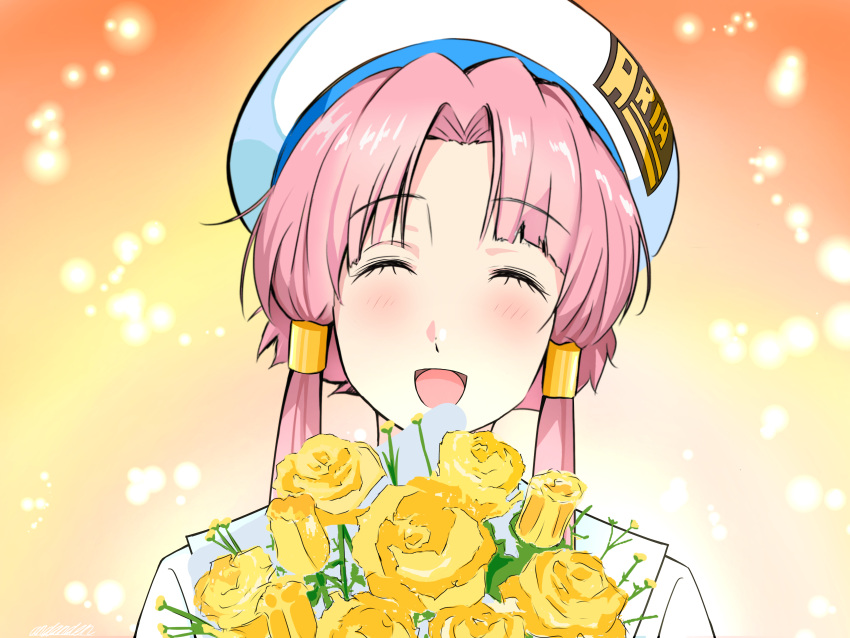 1girl absurdres andanden aria aria_company_uniform bouquet closed_eyes eyelashes flower gradient_background highres looking_at_viewer mizunashi_akari open_mouth orange_background parted_bangs pink_hair short_hair_with_long_locks signature solo upper_body white_headwear yellow_background yellow_flower