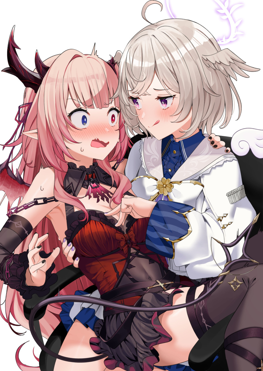 2girls :q absurdres ahoge angel angel_and_devil ardalita_lili ascot bare_shoulders black_nails black_skirt black_thighhighs blonde_hair blue_eyes blue_shirt blush breasts cerafine_mikael chain cleavage collared_shirt demon_girl demon_tail demon_wings dress_shirt eye_contact fang hair_intakes hair_ribbon halo head_wings highres horns long_hair long_sleeves looking_at_another medium_breasts miniskirt motto_notto multiple_girls nail_polish original pleated_skirt red_ascot red_eyes ribbon shirt short_hair skirt smile sweat tail thighhighs tongue tongue_out torn_ascot white_background wings