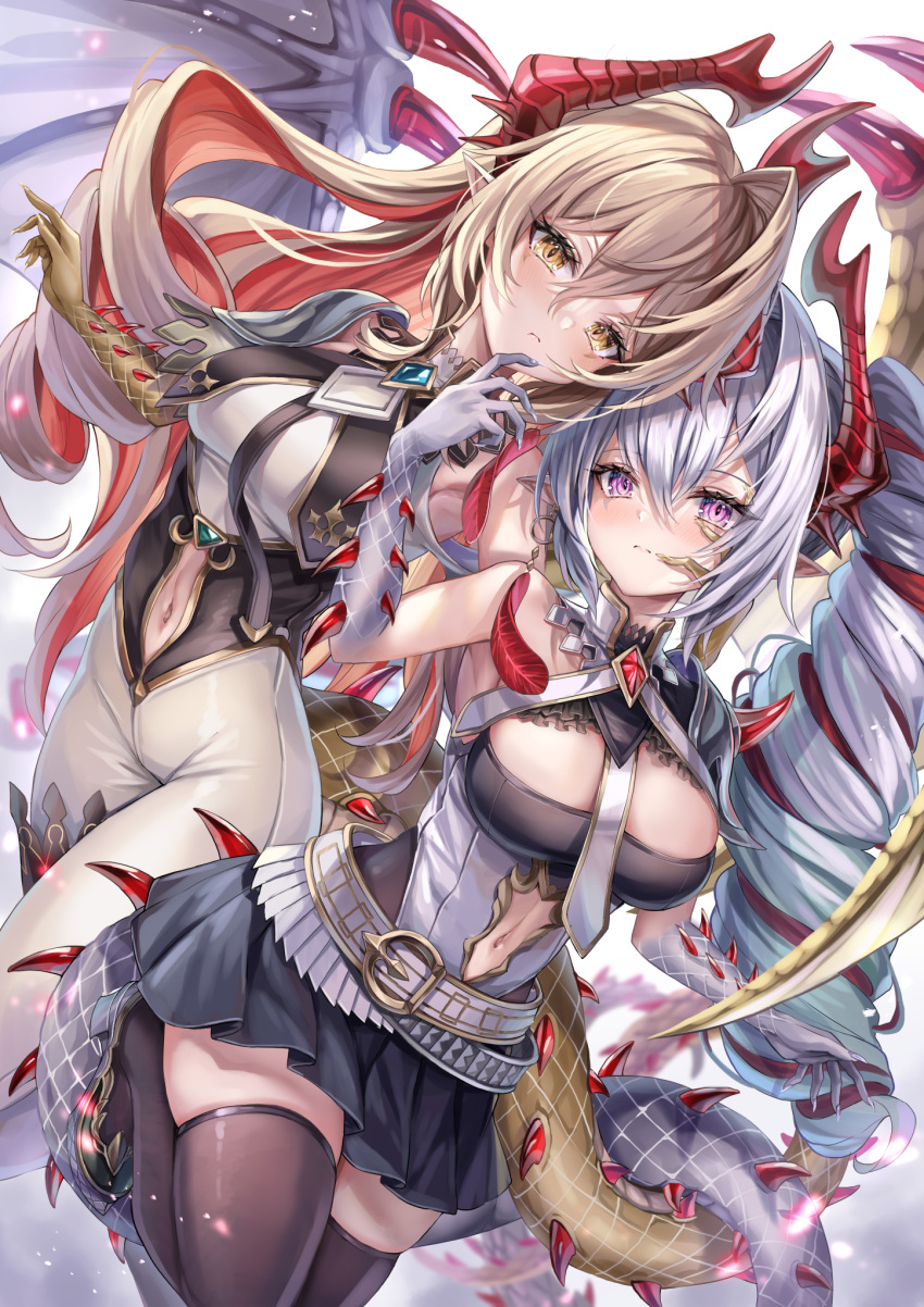 2girls akami770 argente_purest_silver_(shadowverse) arm_up armpits bare_arms bare_shoulders belt belt_buckle blonde_hair blue_gemstone blue_skirt blush breasts buckle chest_jewel cleavage_cutout clothing_cutout cowboy_shot dragon_girl dragon_horns dragon_tail dragon_wings earrings feather_earrings feathers fingernails gem grey_eyes grey_hair highres horns intertwined_tails jewelry lumiore_prestigious_gold_(shadowverse) medium_breasts midriff miniskirt monster_girl multicolored_hair multiple_girls multiple_horns navel necktie pleated_skirt pointy_ears red_gemstone red_hair red_horns scales shadowverse sharp_fingernails siblings simple_background sisters skin_tight skirt spikes tail thick_thighs thighhighs thighs uniform white_background wings yellow_eyes