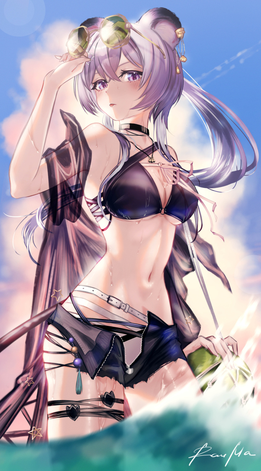 1girl absurdres adjusting_eyewear animal_ears arknights bikini black_bikini black_shorts blue_sky blush breasts cleavage eyewear_on_head green-tinted_eyewear hair_between_eyes hand_on_eyewear highres large_breasts lin_(arknights) mouse_ears navel open_clothes open_shorts outdoors purple_eyes purple_hair rau_ma_(the_rauma001) short_shorts shorts signature sky solo sunglasses swimsuit tinted_eyewear wading water