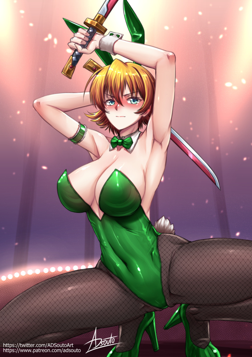 1girl action_taimanin adsouto animal_ears armpits arms_up artist_name blonde_hair blue_eyes blush bow bowtie breasts brown_pantyhose cleavage closed_mouth covered_navel dual_wielding fake_animal_ears fake_tail fishnet_pantyhose fishnets full_body green_bow green_bowtie green_footwear green_leotard high_heels highleg highleg_leotard highres holding holding_sword holding_weapon igawa_sakura indoors large_breasts leotard pantyhose playboy_bunny rabbit_ears rabbit_tail reverse_grip short_hair short_sword signature solo squatting sword tail taimanin_(series) taimanin_asagi tantou weapon web_address wrist_cuffs
